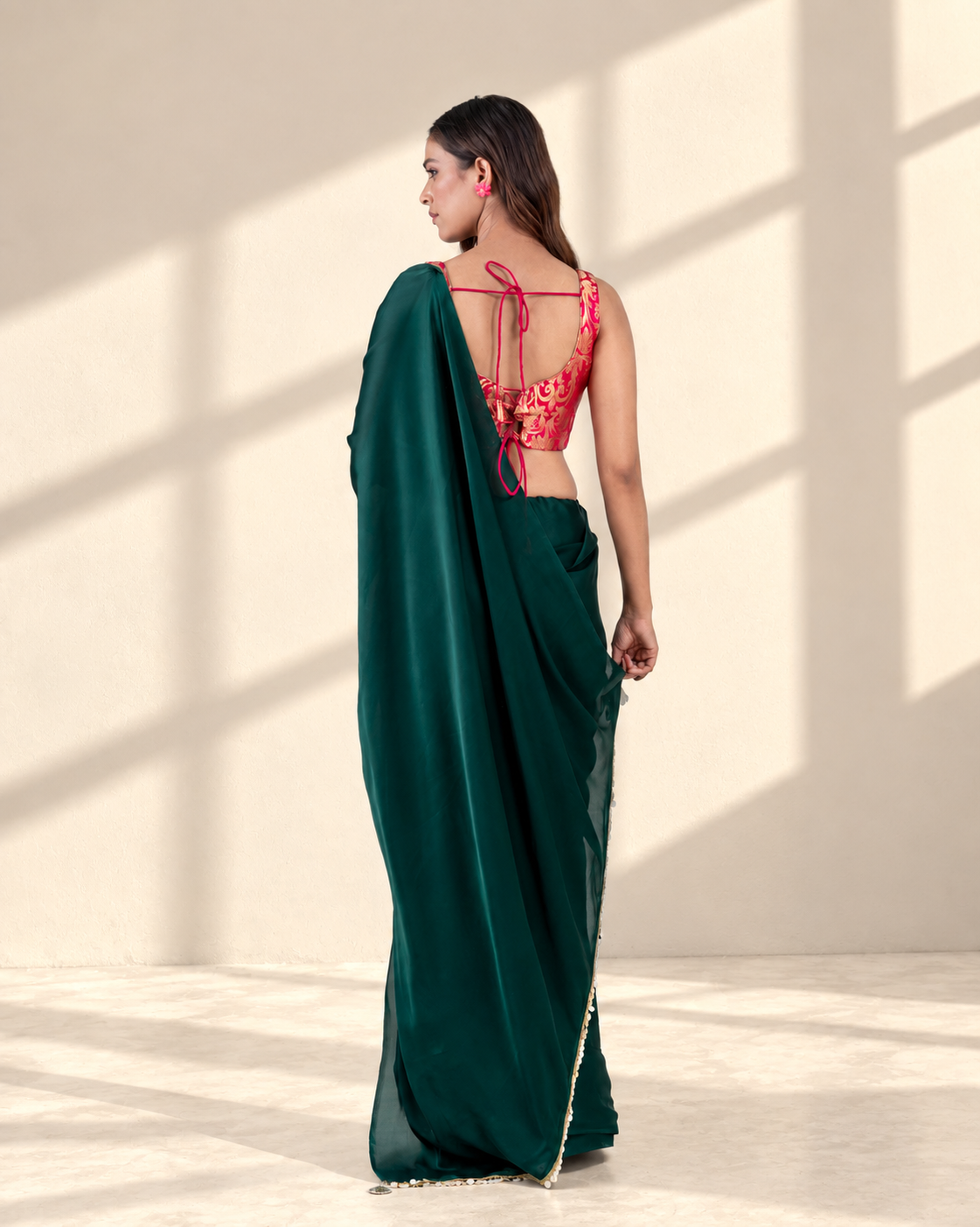 Emerald Green Satin Saree with Handcrafted Mother of Pearl Lace Border and Matching Satin Blouse Piece | Fall & Pico Ready