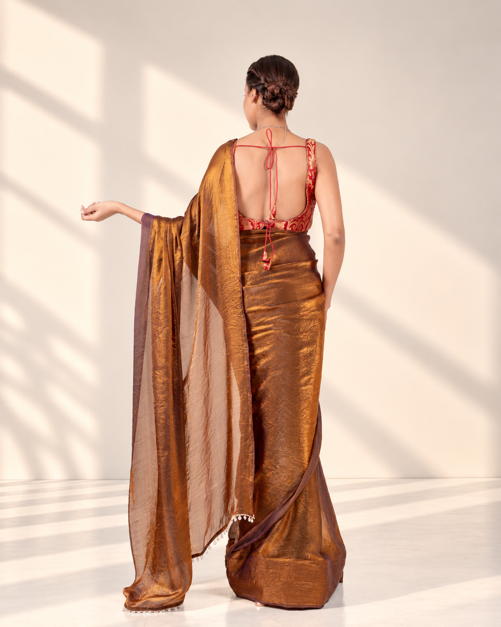 Antique Bronze Fendi Satin Saree with Handcrafted Crystal Drop Lace and Matching Blouse Piece | Fall & Pico Ready