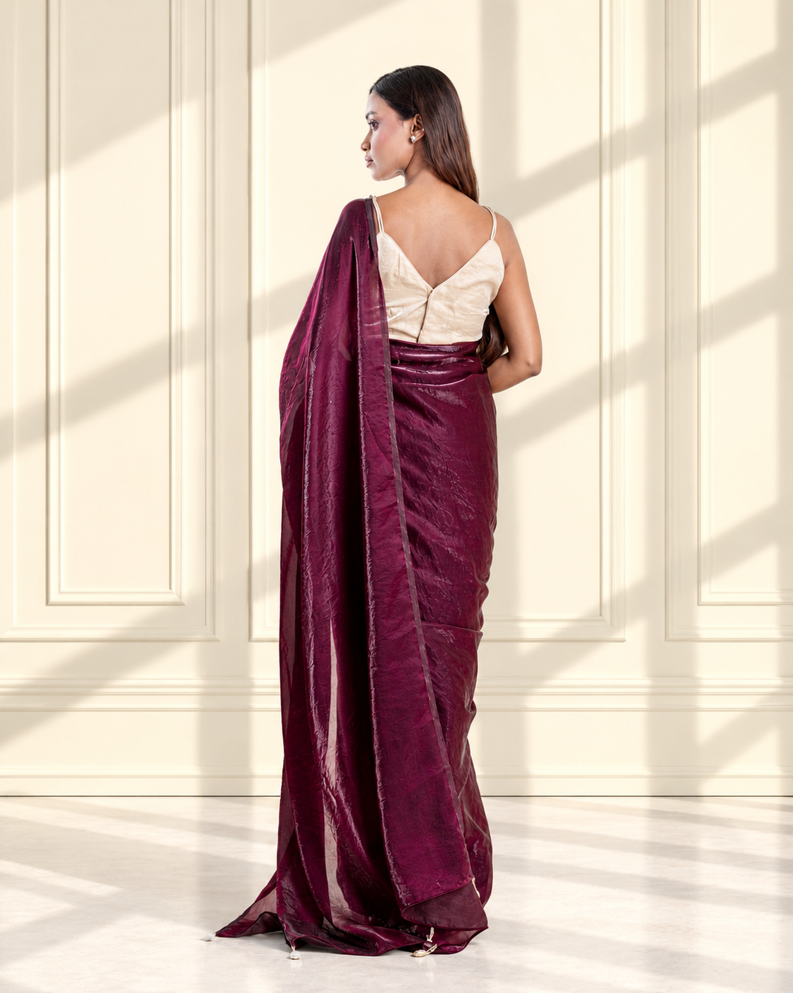 Wine Fendi Satin Saree with Handcrafted Pearl Tassels and Matching Blouse Piece | Fall & Pico Ready