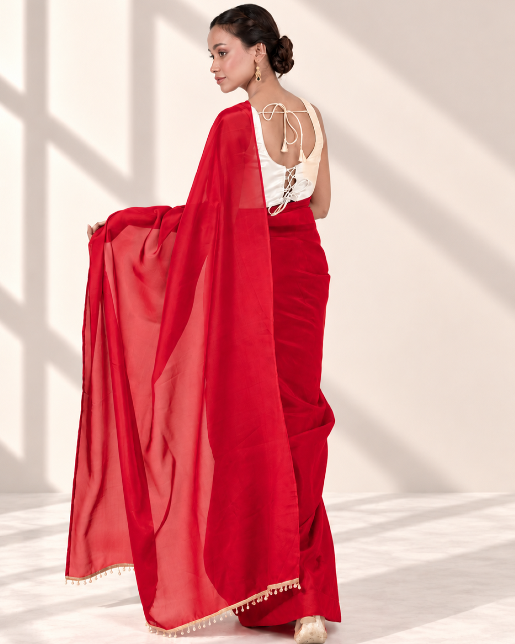 Scarlet Red Silk Blend Saree with Handcrafted Pearl Lace and Matching Blouse Piece | Fall & Pico Ready