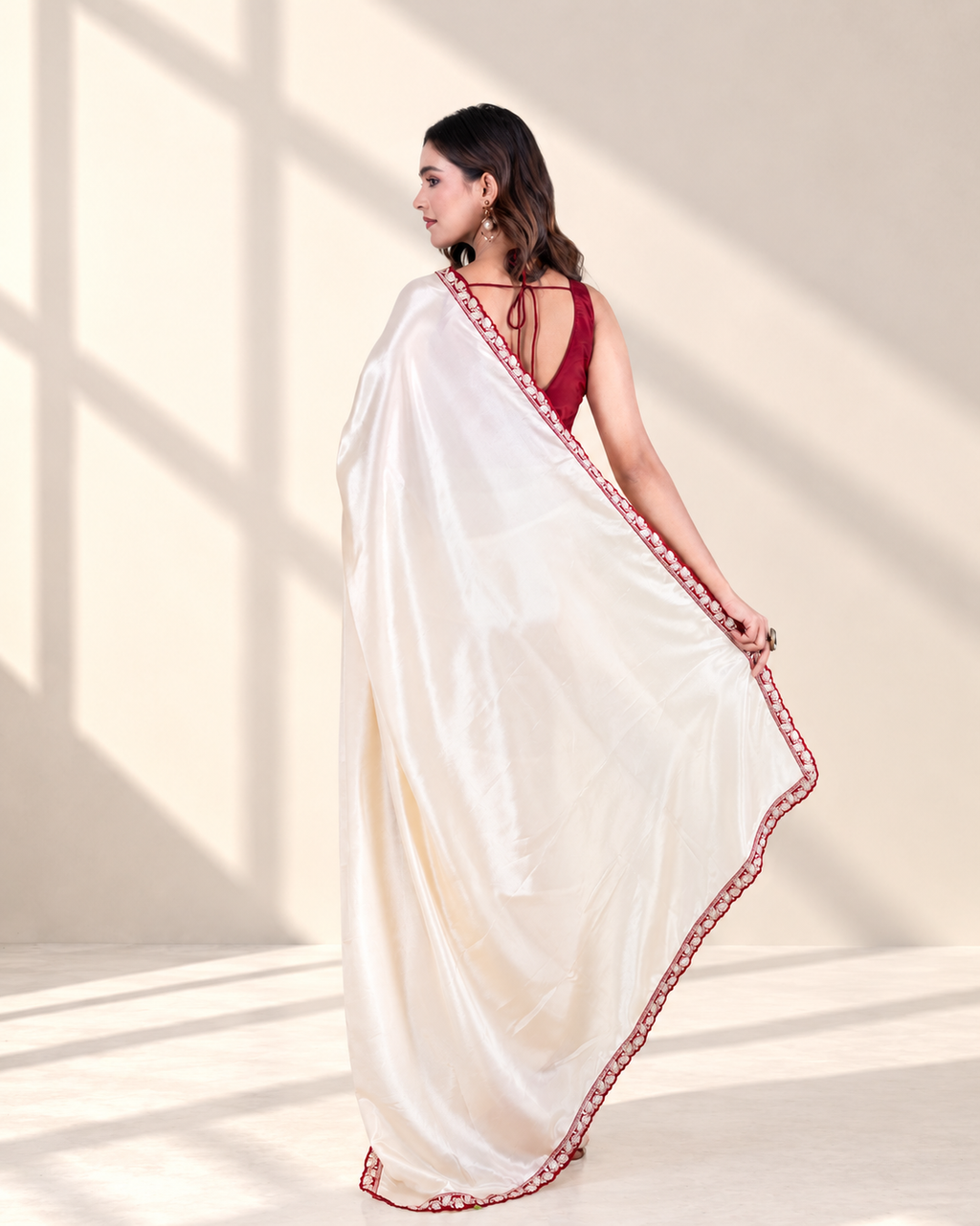 Ivory Silk Blend Saree with Maroon Embellished Border & Matching Blouse Piece | Fall & Pico Ready