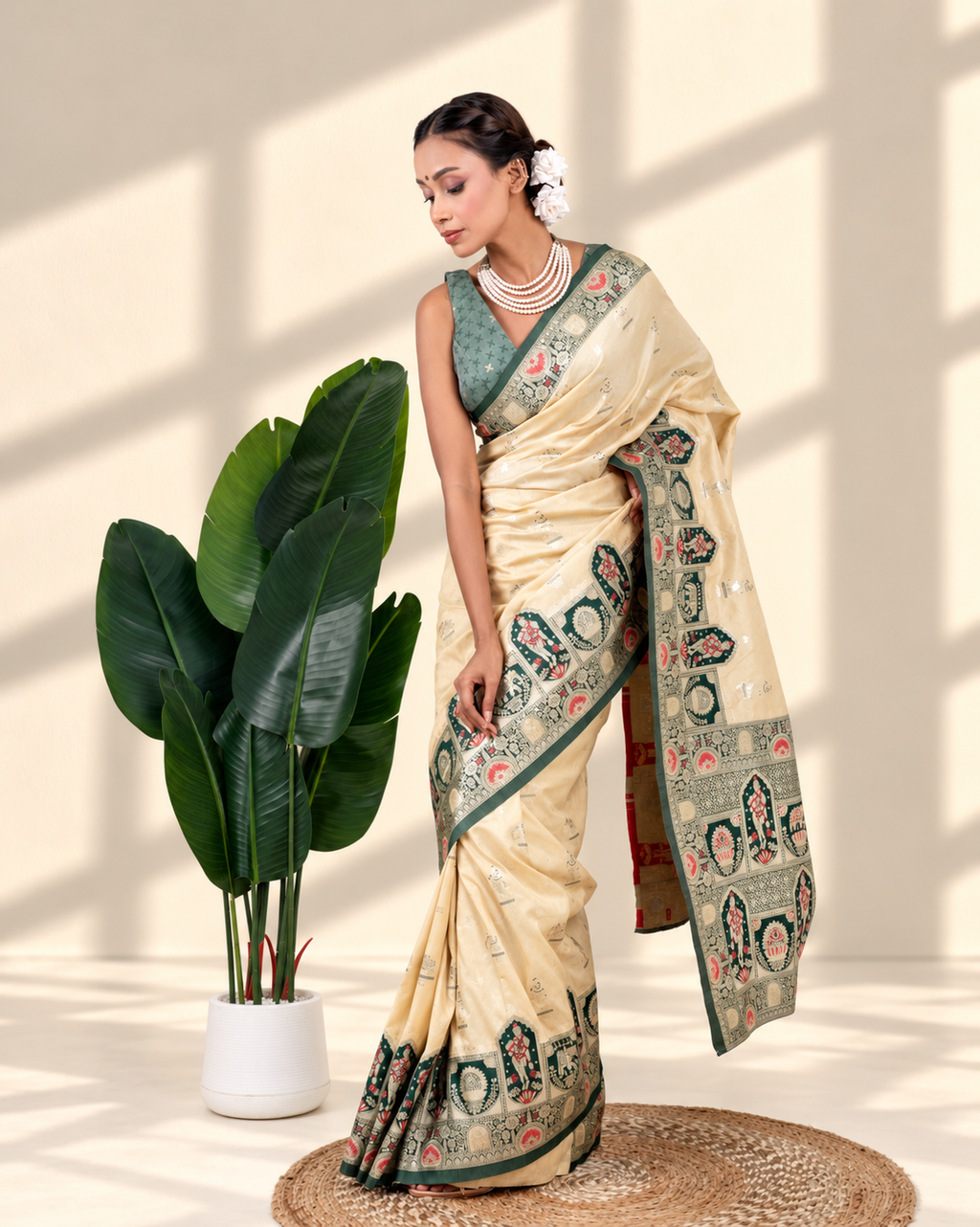 Royal Ivory Banarasi Silk Saree with Heritage Woven Temple Pallu and Matching Blouse Piece | Fall & Pico Ready