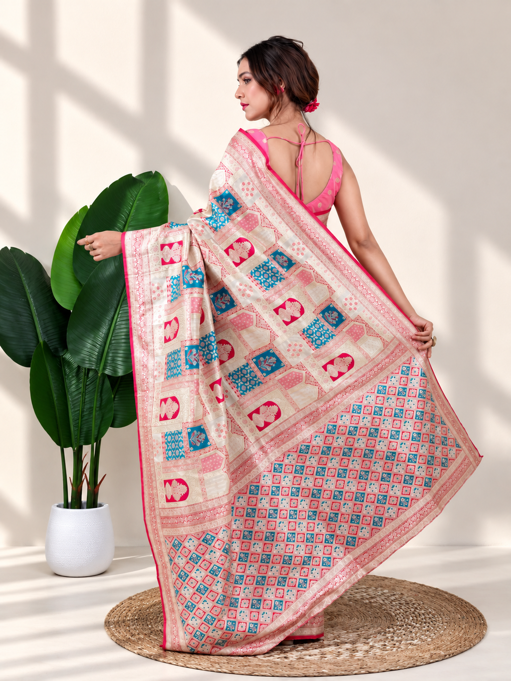 Ivory Pink Banarasi Silk Saree with Heritage Woven Pallu and Matching Blouse Piece | Fall & Pico Ready