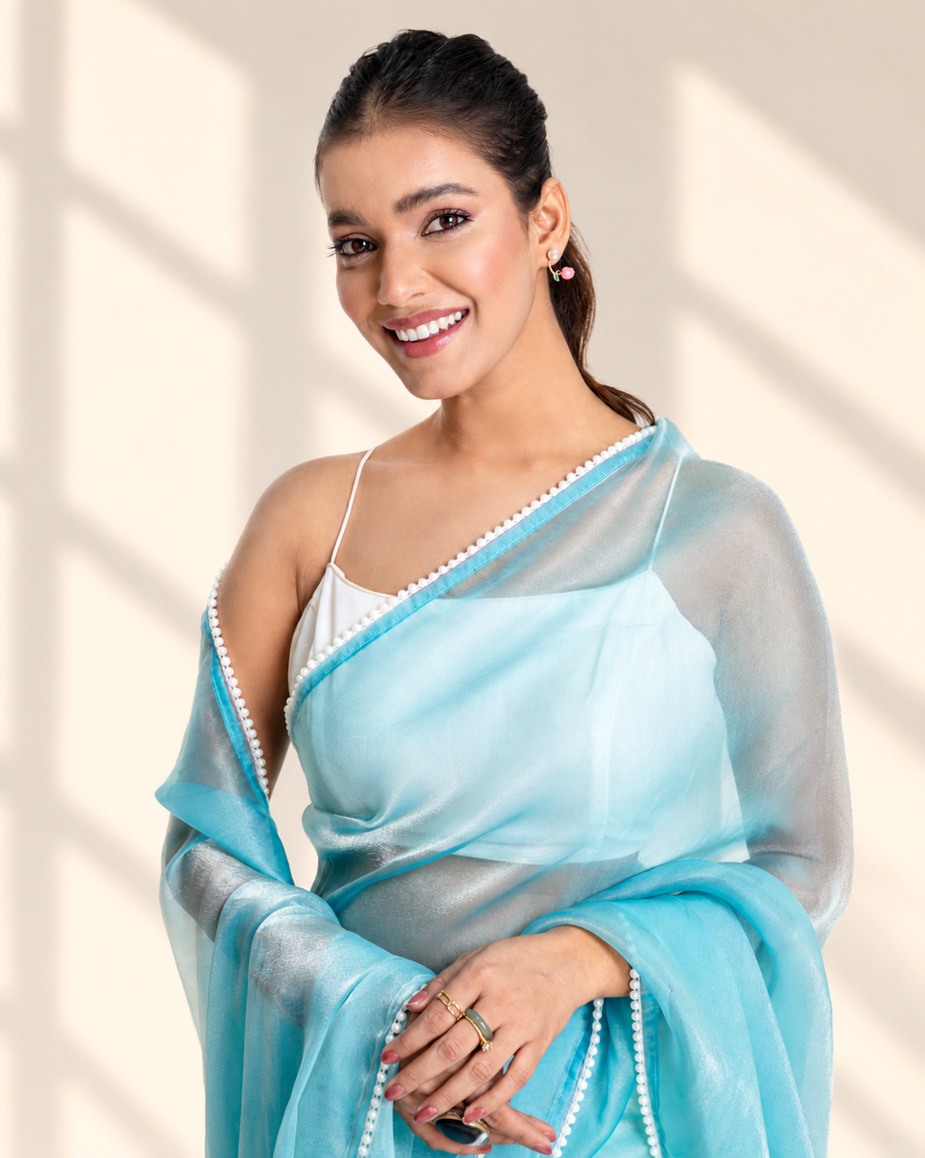 Powder Blue Soft Metallic Organza Saree with Pearl Lace Border and Matching Blouse Piece | Fall & Pico Ready