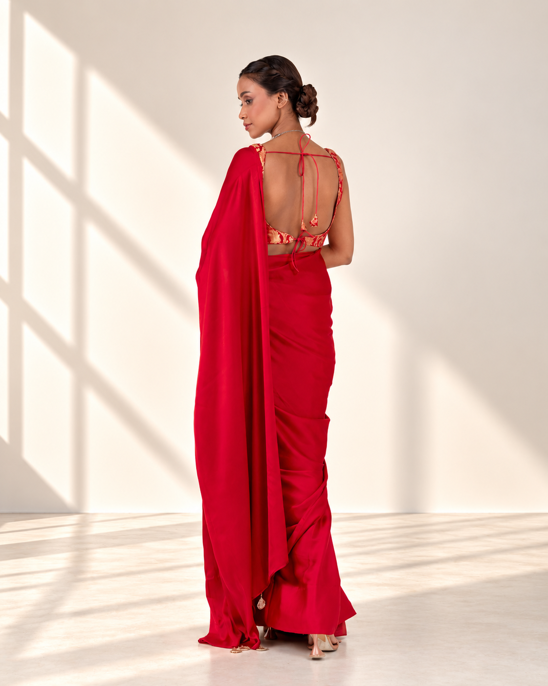 Classic Red Satin Saree with Handcrafted Mirror Tassels and Matching Satin Blouse Piece | Fall & Pico Ready