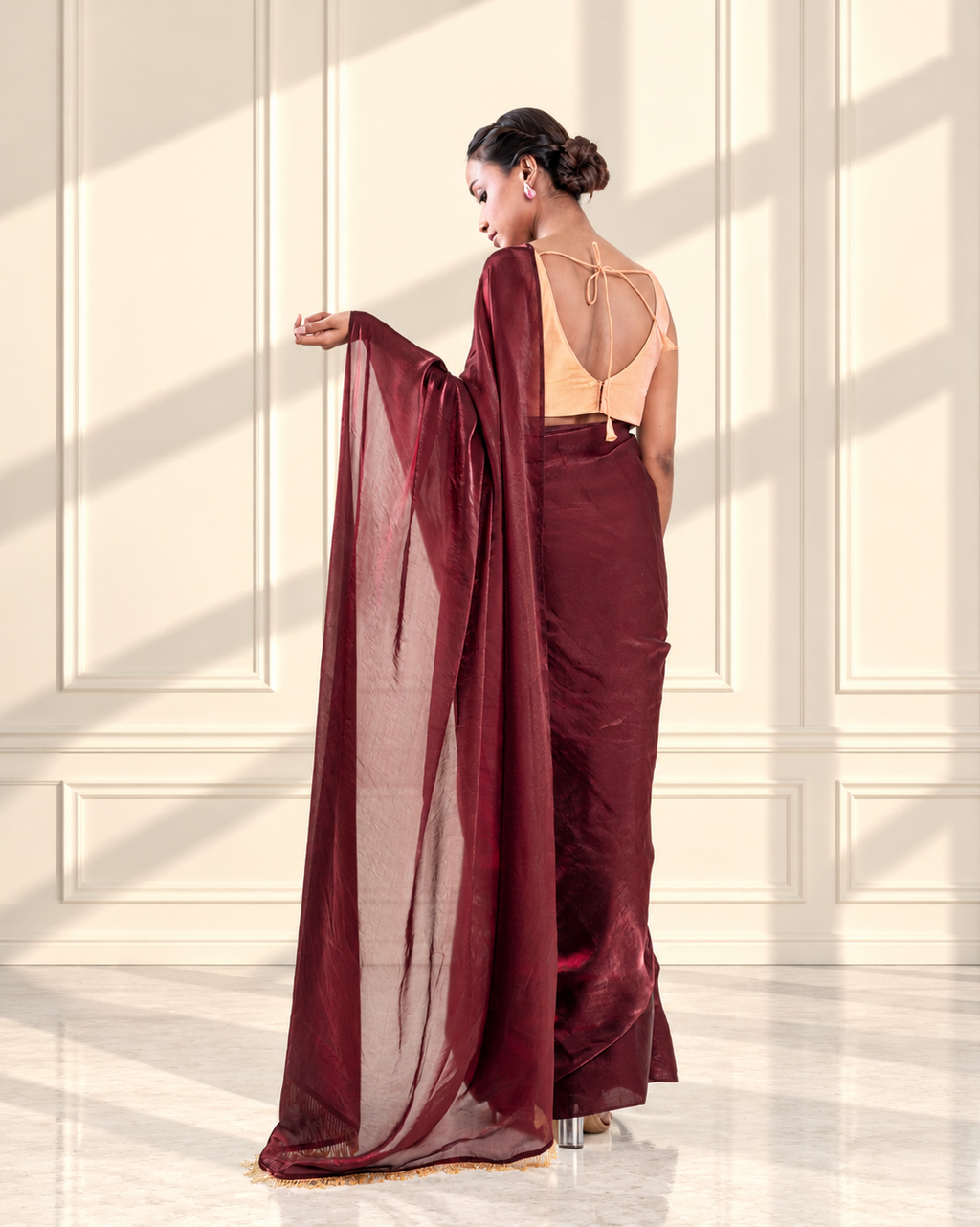 Burgundy Fendi Satin Saree with Handcrafted Beaded Lace and Matching Blouse Piece | Fall & Pico Ready