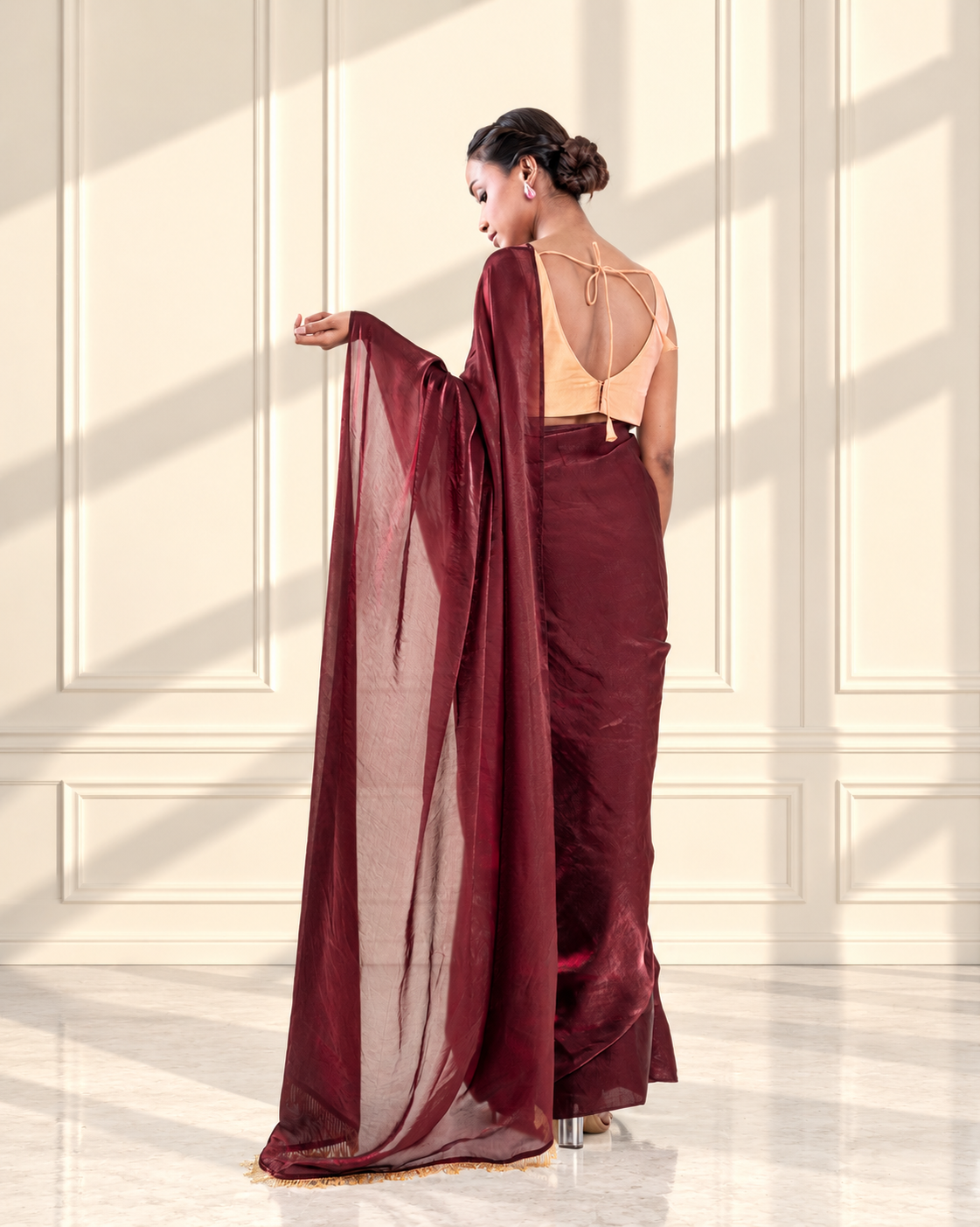 Burgundy Fendi Satin Saree with Handcrafted Beaded Lace and Matching Blouse Piece | Fall & Pico Ready
