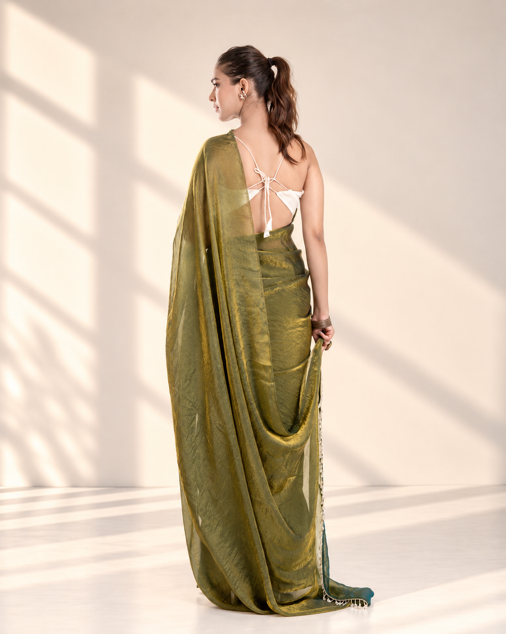 Olive Green Fendi Satin Saree with Handcrafted Crystal Drop Lace and Matching Blouse Piece | Fall & Pico Ready
