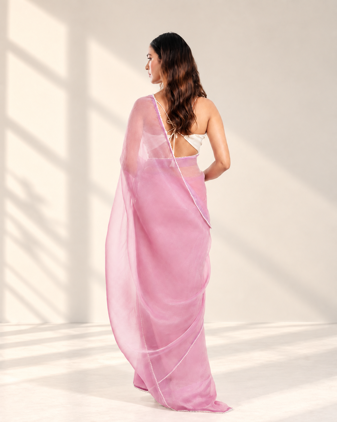 Lilac Soft Metallic Organza Saree with Pearl Lace Border and Matching Blouse Piece | Fall & Pico Ready