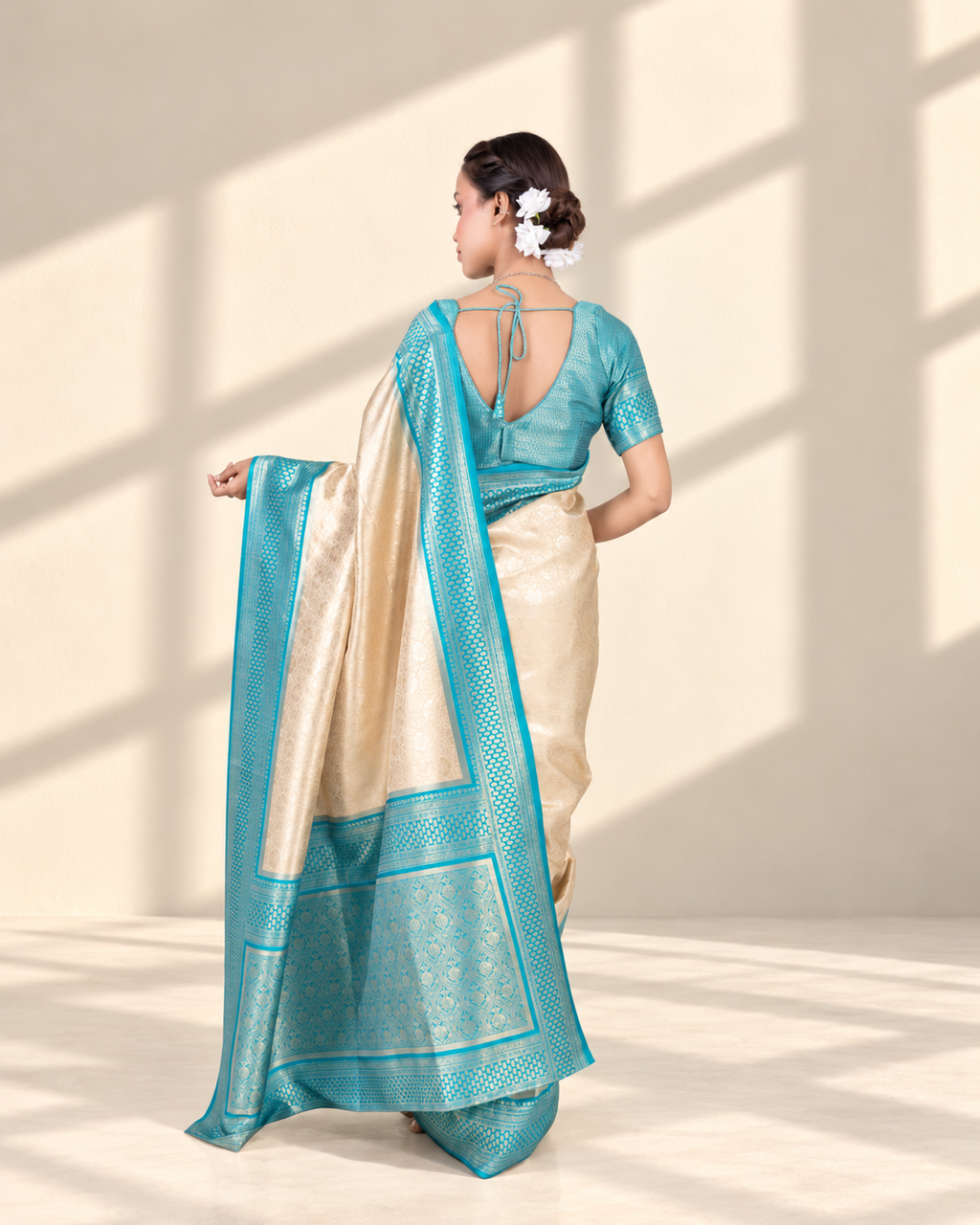 Champagne Gold Banarasi Silk Saree with Aqua Blue Zari Border and Matching Blouse Piece | Fall & Pico Ready