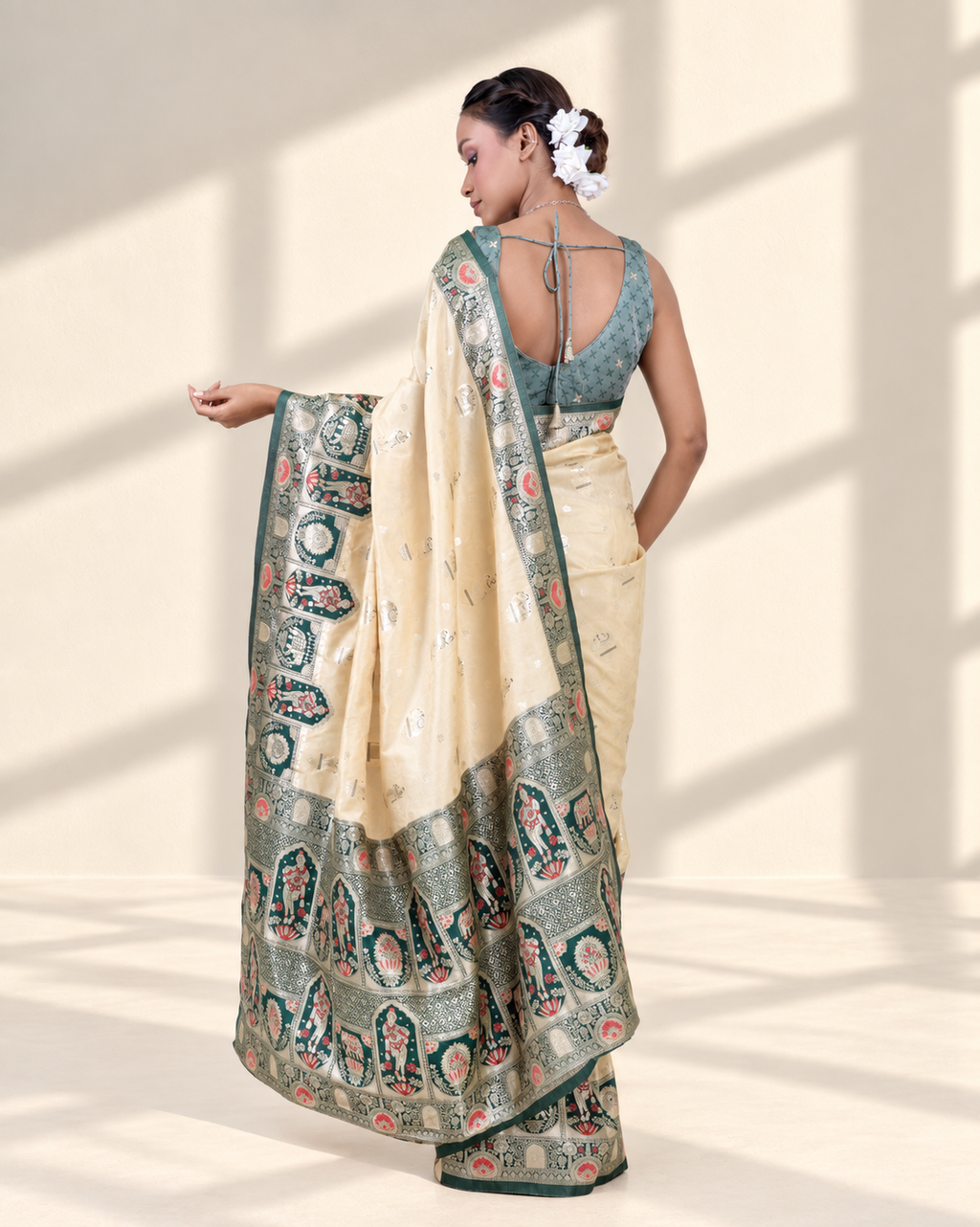 Royal Ivory Banarasi Silk Saree with Heritage Woven Temple Pallu and Matching Blouse Piece | Fall & Pico Ready