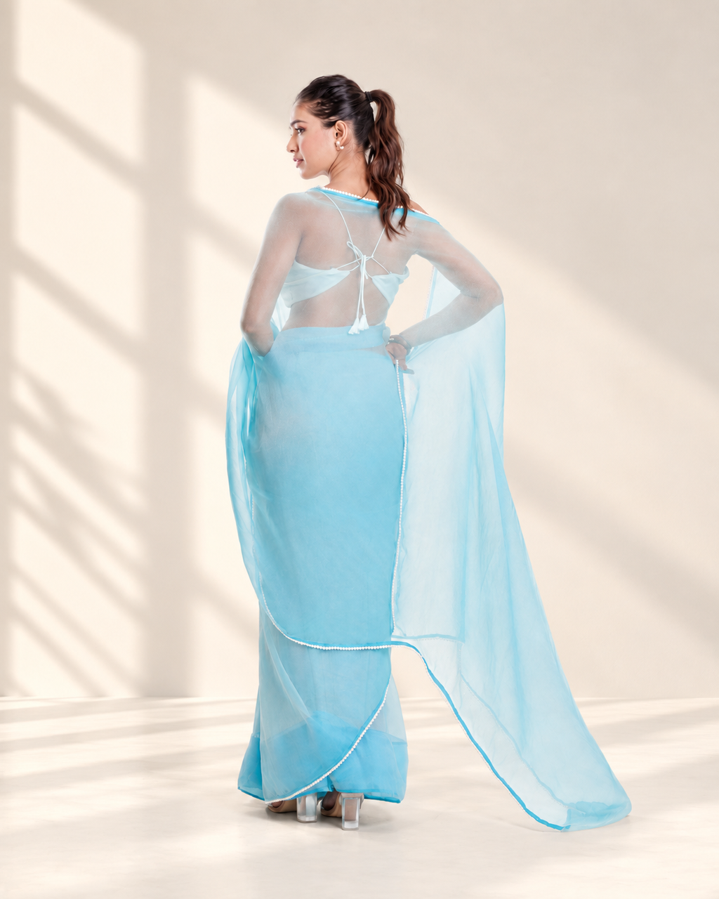Powder Blue Soft Metallic Organza Saree with Pearl Lace Border and Matching Blouse Piece | Fall & Pico Ready