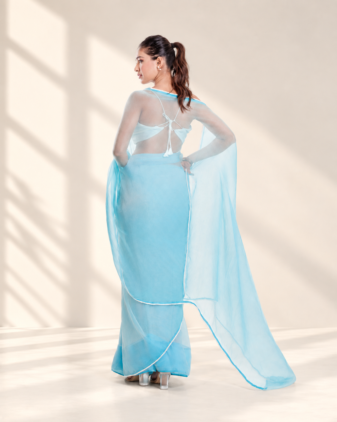 Powder Blue Soft Metallic Organza Saree with Pearl Lace Border and Matching Blouse Piece | Fall & Pico Ready