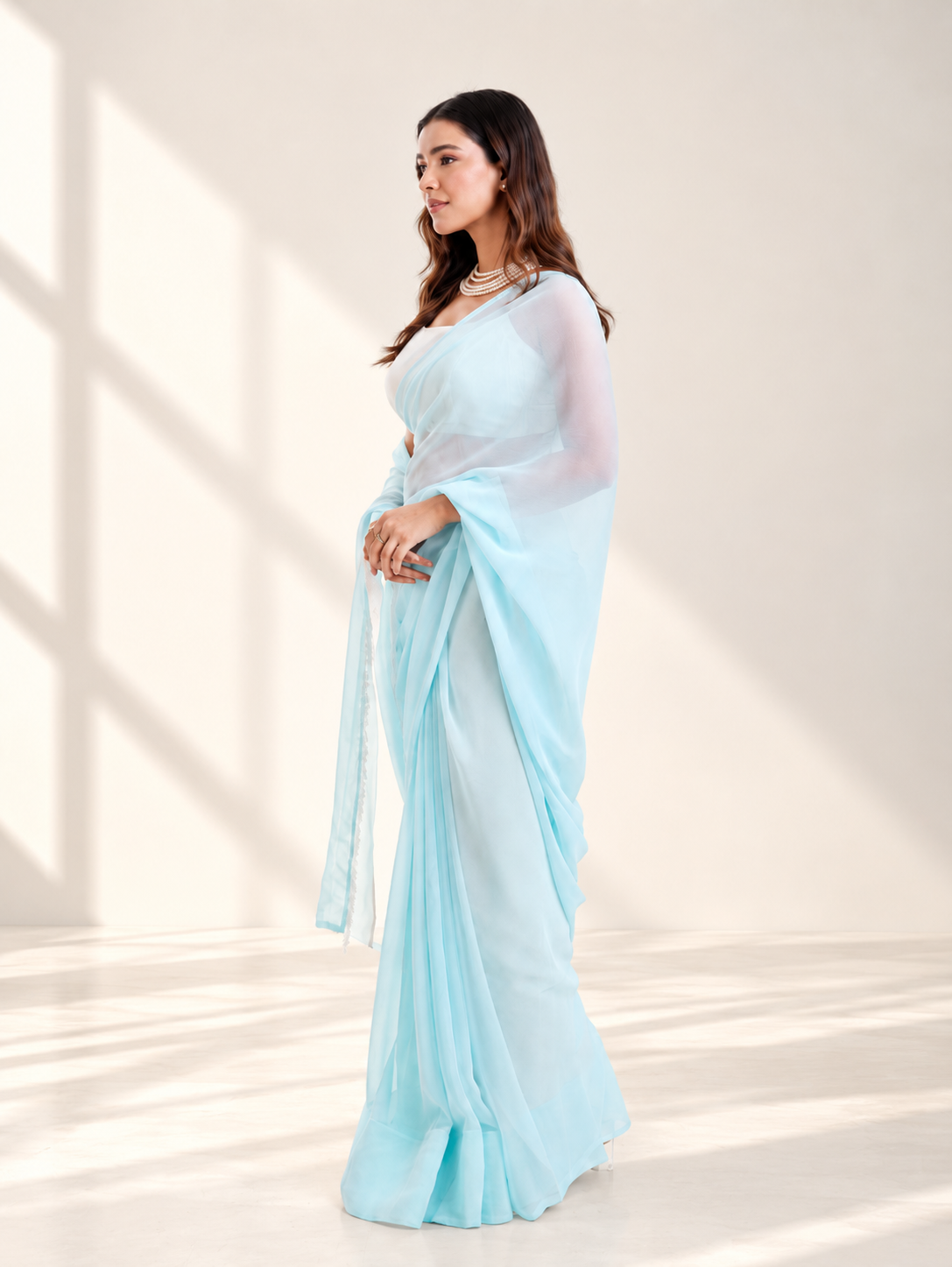 Powder Blue Georgette Saree with White Panel & Drop Lace Border with Self Blouse Piece | Fall & Pico Ready