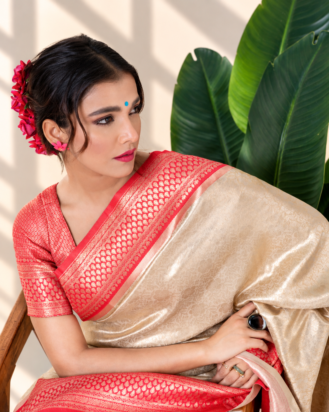 Champagne Gold Banarasi Silk Saree with Coral Zari Border and Matching Blouse Piece | Fall & Pico Ready