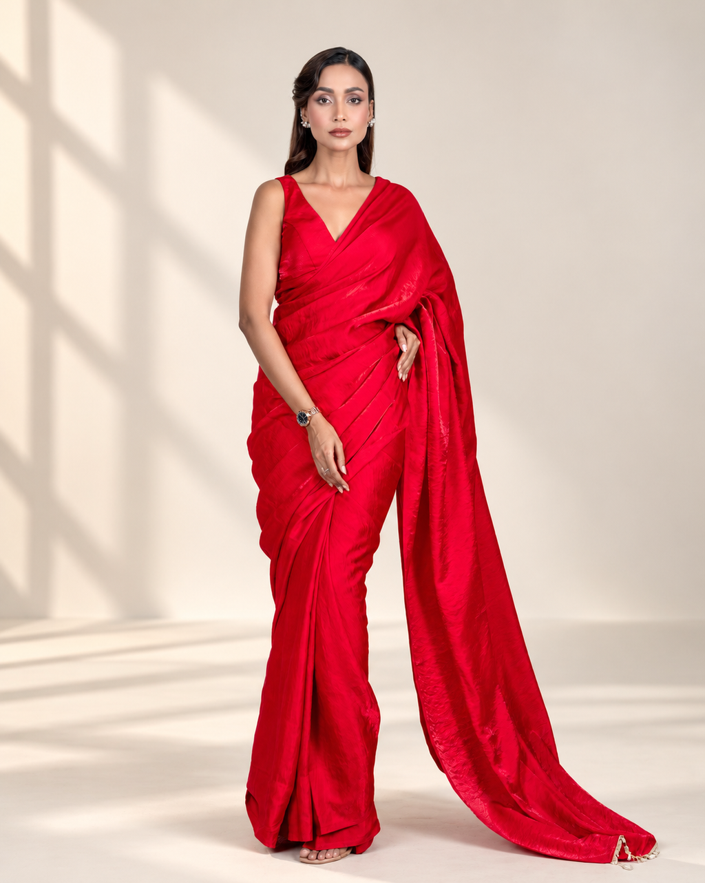 Ruby Red Cashino Saree with Handcrafted Coin Lace and Matching Blouse Piece | Fall & Pico Ready