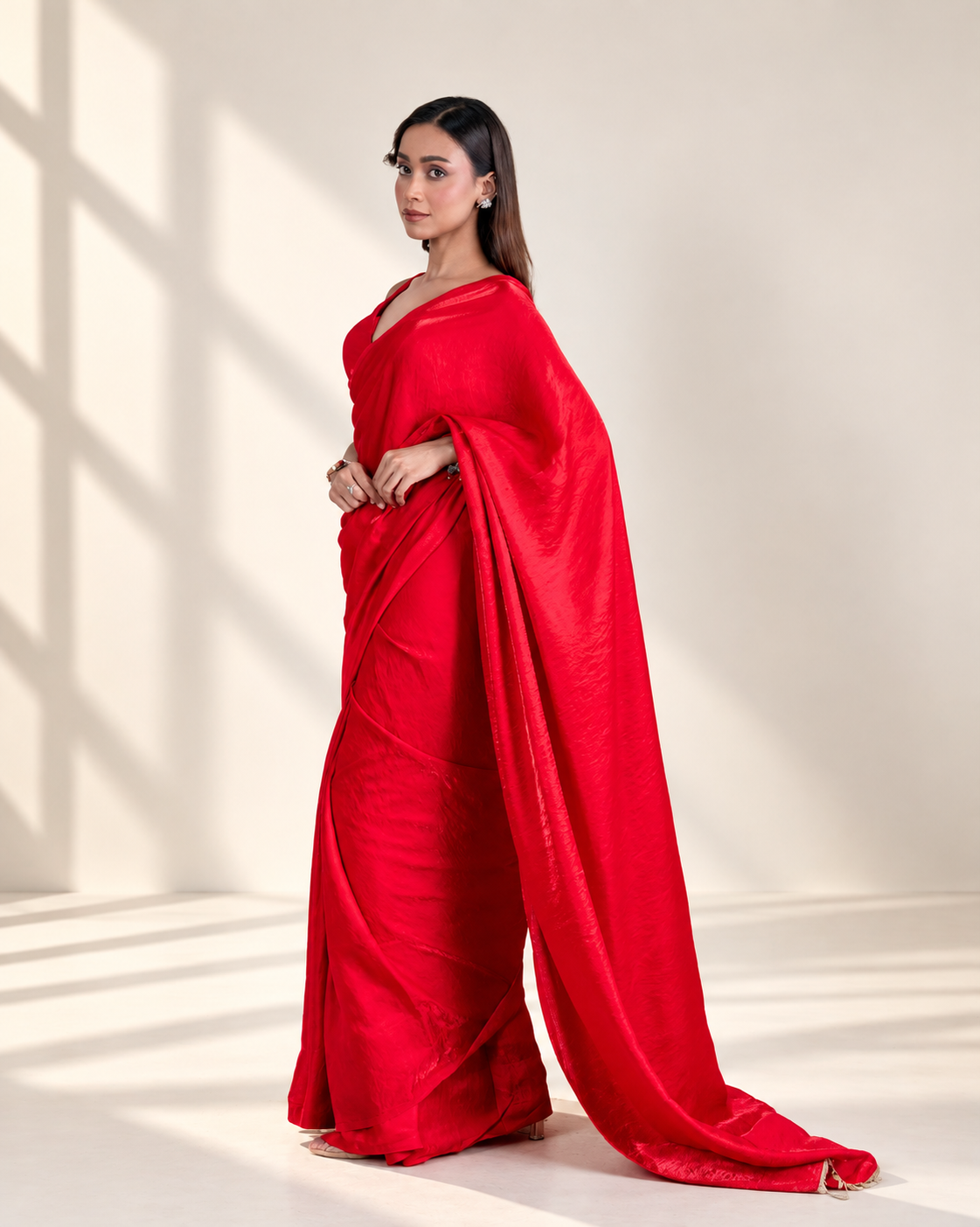 Ruby Red Cashino Saree with Handcrafted Coin Lace and Matching Blouse Piece | Fall & Pico Ready