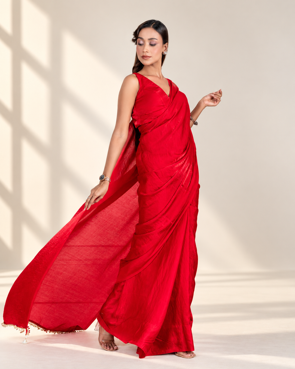 Ruby Red Cashino Saree with Handcrafted Coin Lace and Matching Blouse Piece | Fall & Pico Ready