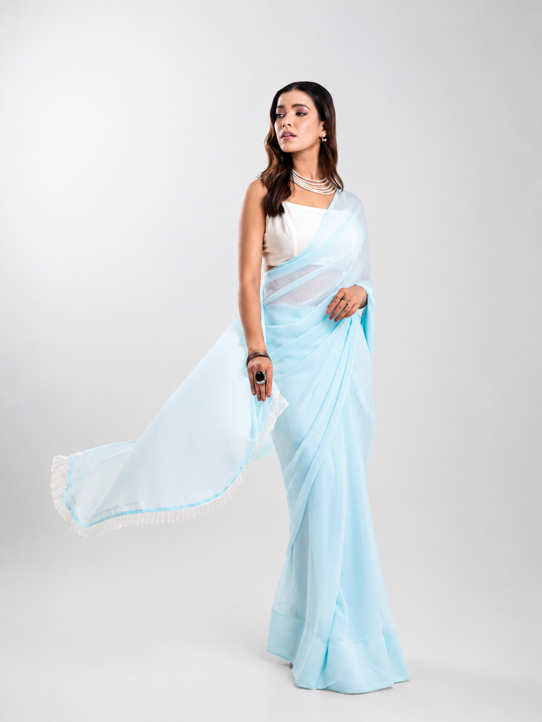 Powder Blue Georgette Saree with White Panel & Drop Lace Border with Self Blouse Piece
