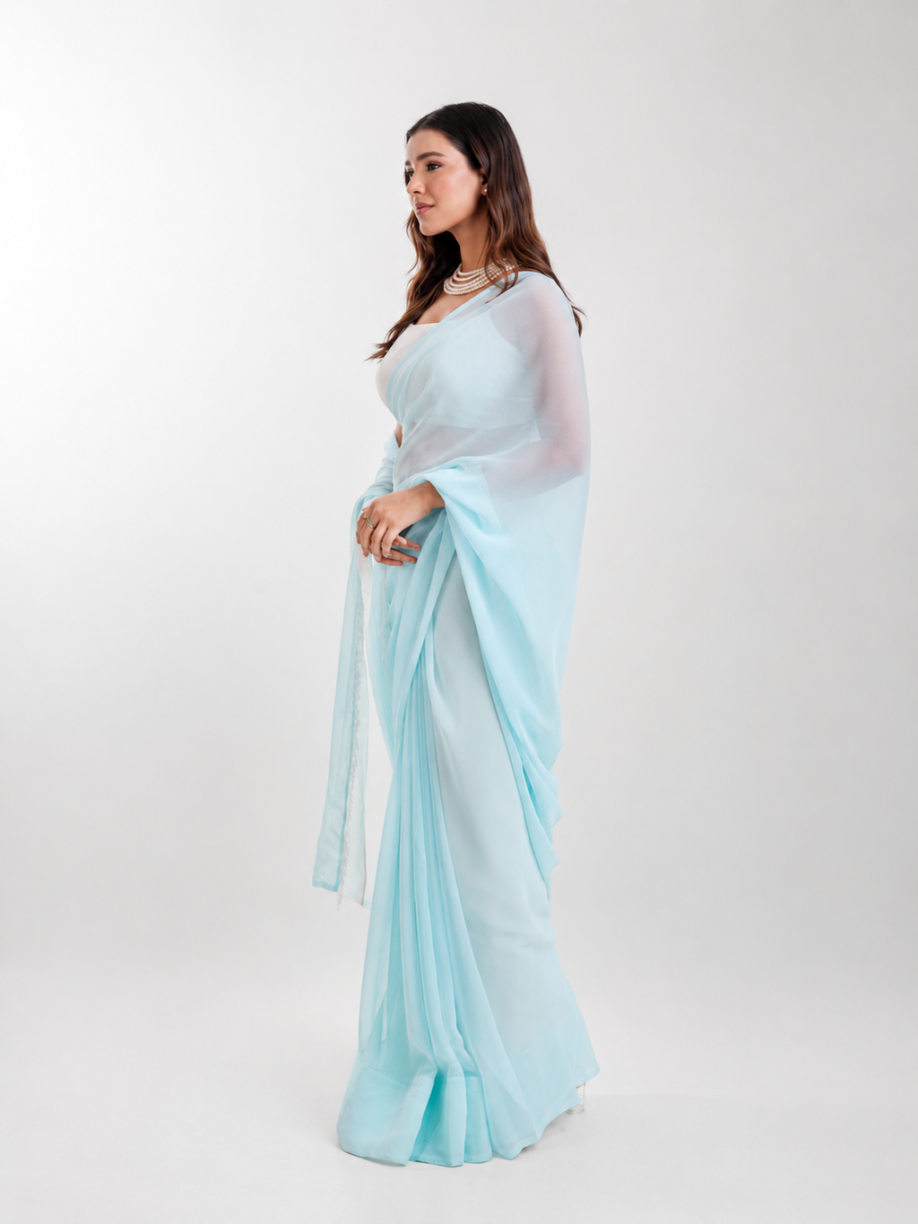 Powder Blue Georgette Saree with White Panel & Drop Lace Border with Self Blouse Piece