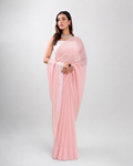Blush Pink Georgette Saree with Ivory Panel & Drop Lace Border with Self Blouse Piece