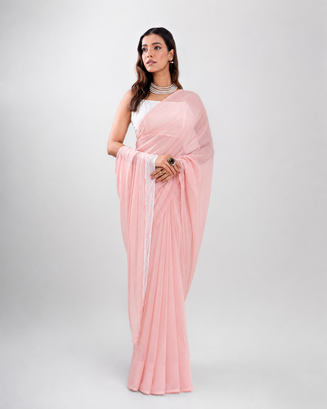 Blush Pink Georgette Saree with Ivory Panel & Drop Lace Border with Self Blouse Piece