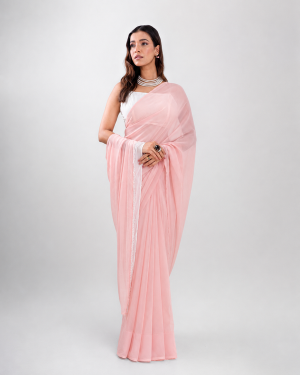 Blush Pink Georgette Saree with Ivory Panel & Drop Lace Border with Self Blouse Piece | Fall & Pico Ready