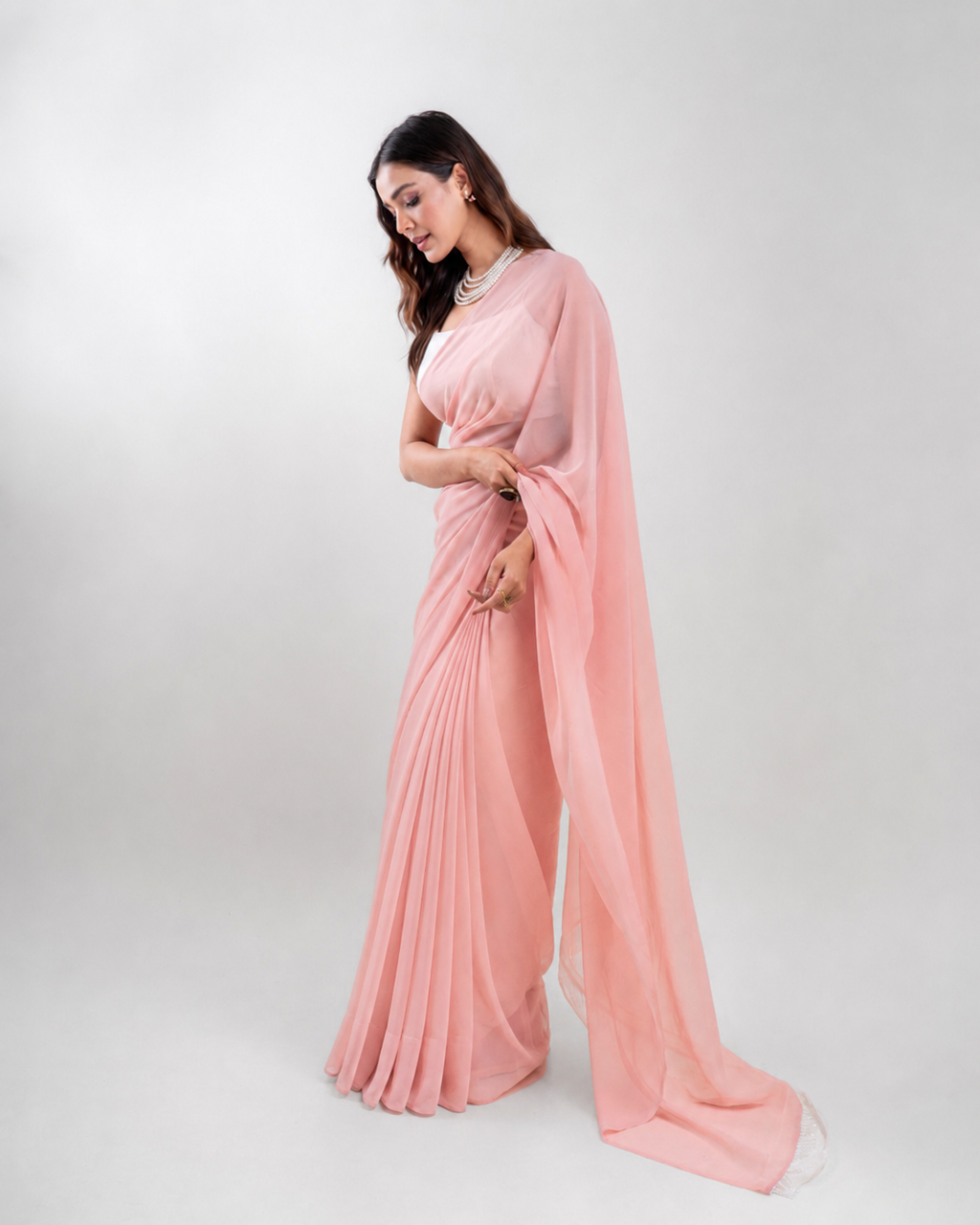 Blush Pink Georgette Saree with Ivory Panel & Drop Lace Border with Self Blouse Piece
