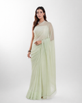 Sage Green Georgette Saree with Ivory Panel & Drop Lace Border with Self Blouse Piece