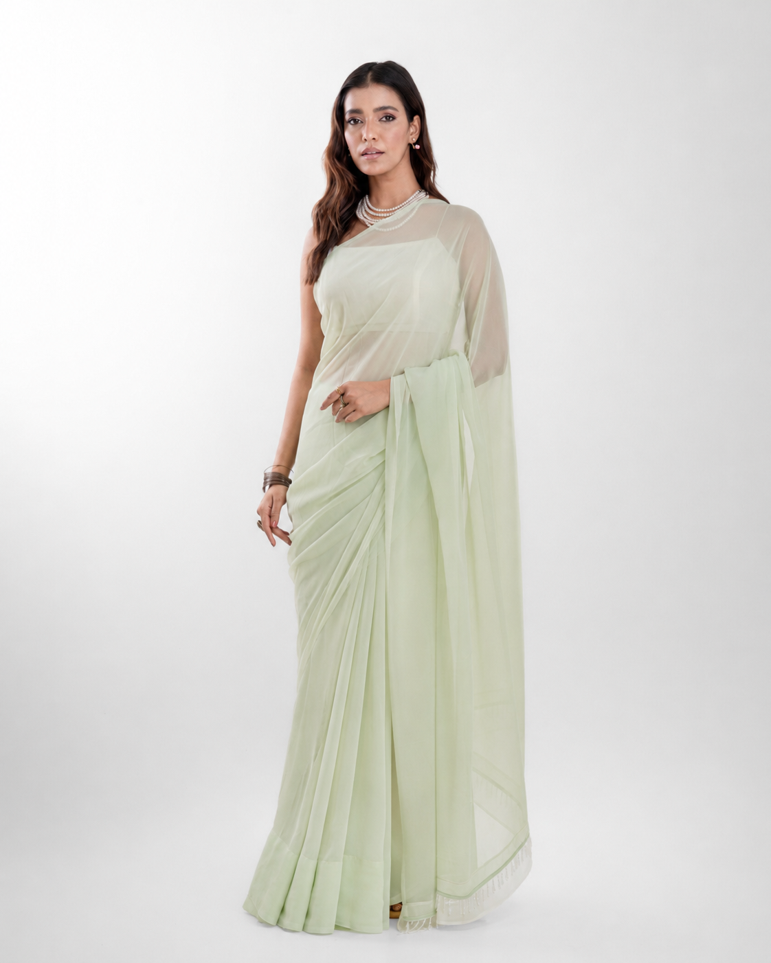 Sage Green Georgette Saree with Ivory Panel & Drop Lace Border with Self Blouse Piece