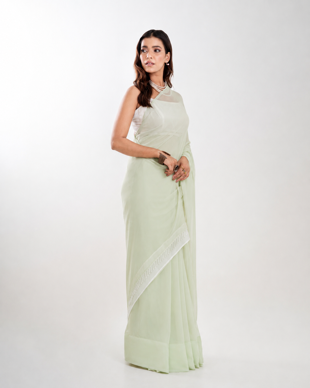 Sage Green Georgette Saree with Ivory Panel & Drop Lace Border with Self Blouse Piece