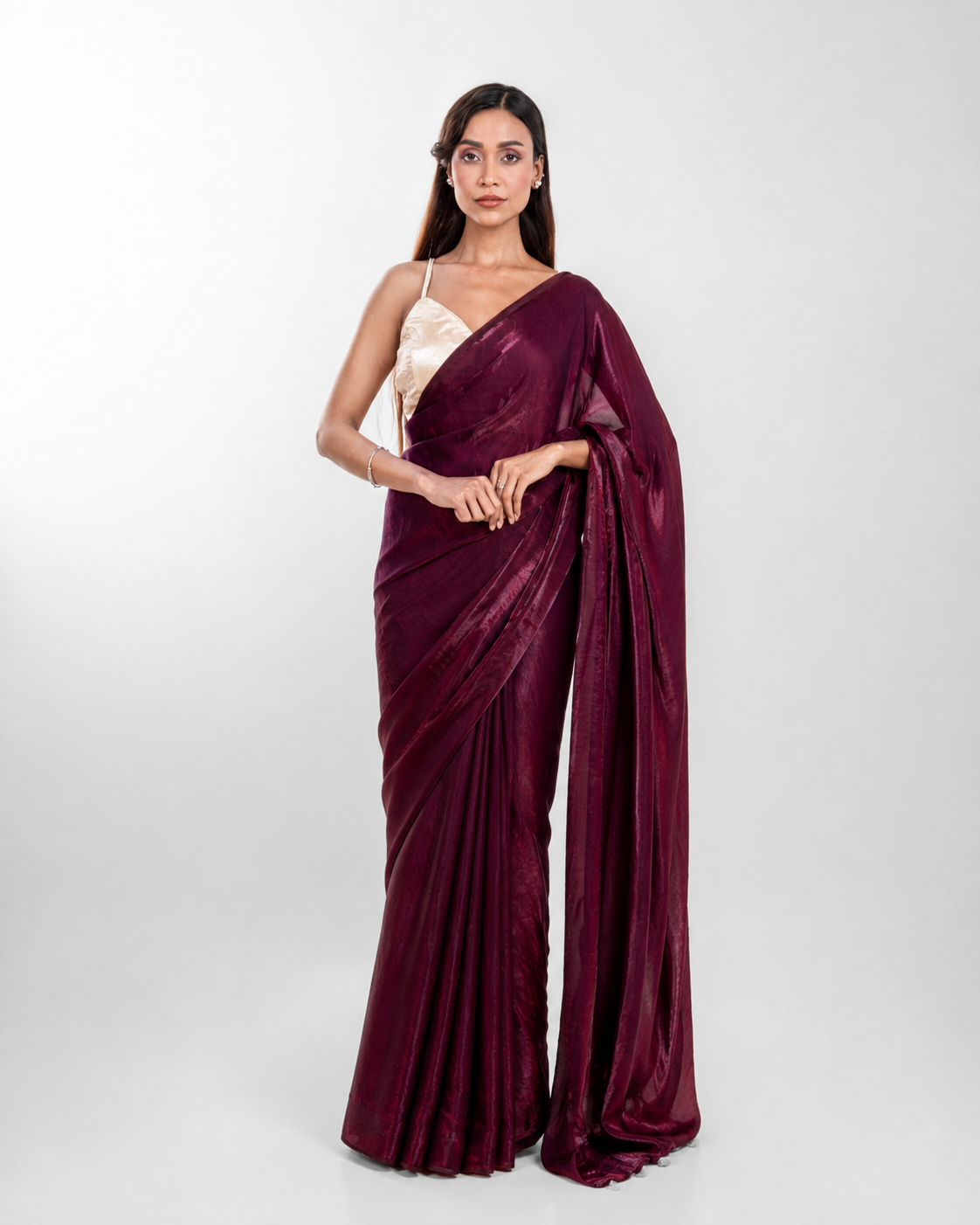Wine Fendi Satin Saree with Handcrafted Pearl Tassels and Matching Blouse Piece