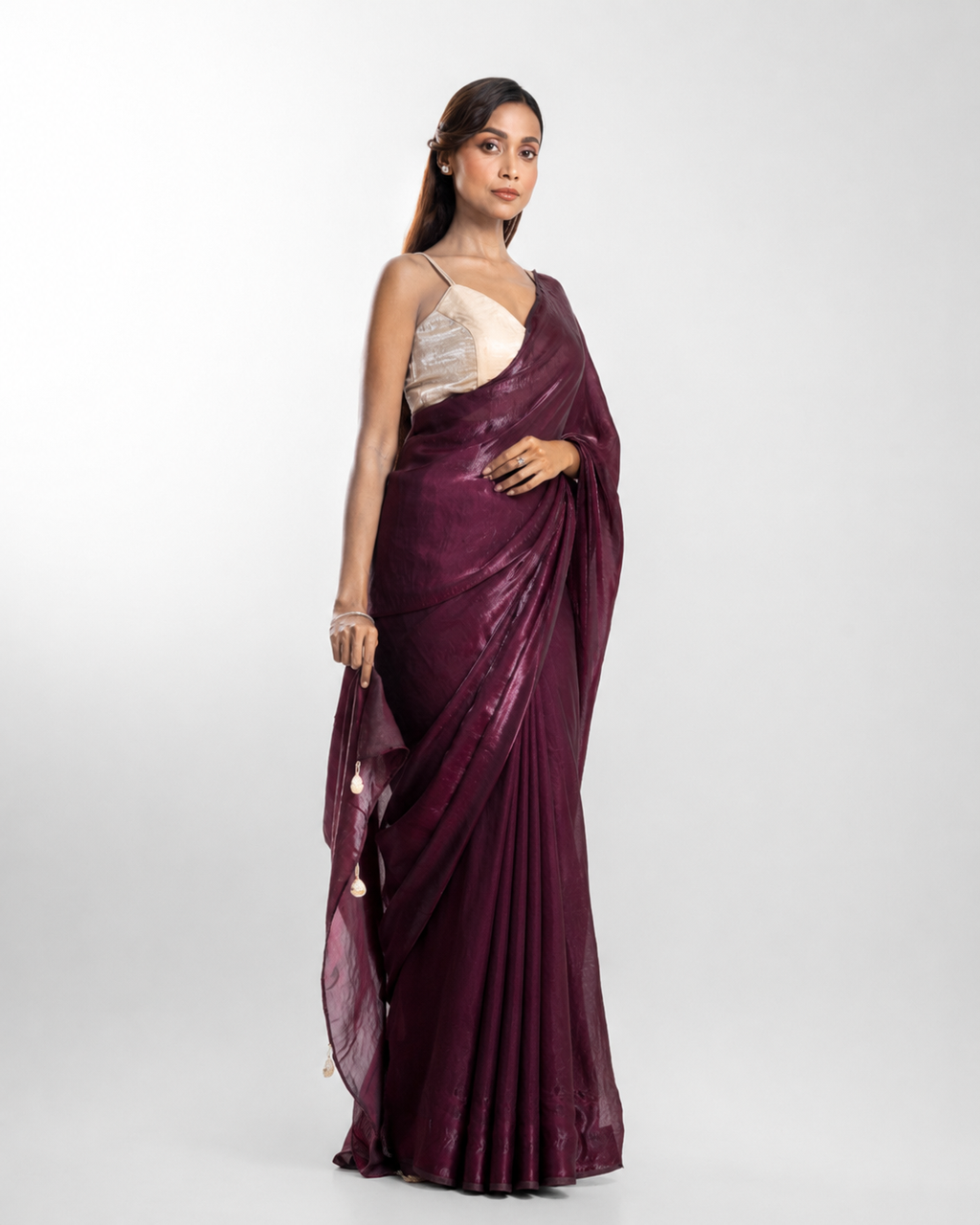 Wine Fendi Satin Saree with Handcrafted Pearl Tassels and Matching Blouse Piece