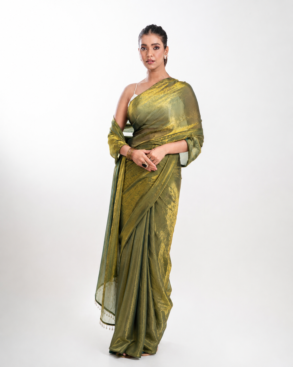 Olive Green Fendi Satin Saree with Handcrafted Crystal Drop Lace and Matching Blouse Piece