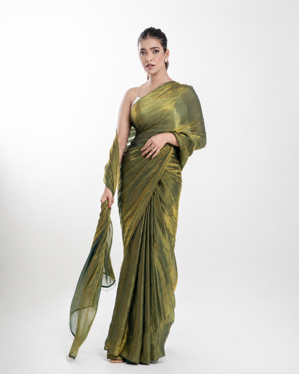 Olive Green Fendi Satin Saree with Handcrafted Crystal Drop Lace and Matching Blouse Piece