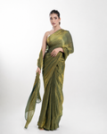Olive Green Fendi Satin Saree with Handcrafted Crystal Drop Lace and Matching Blouse Piece