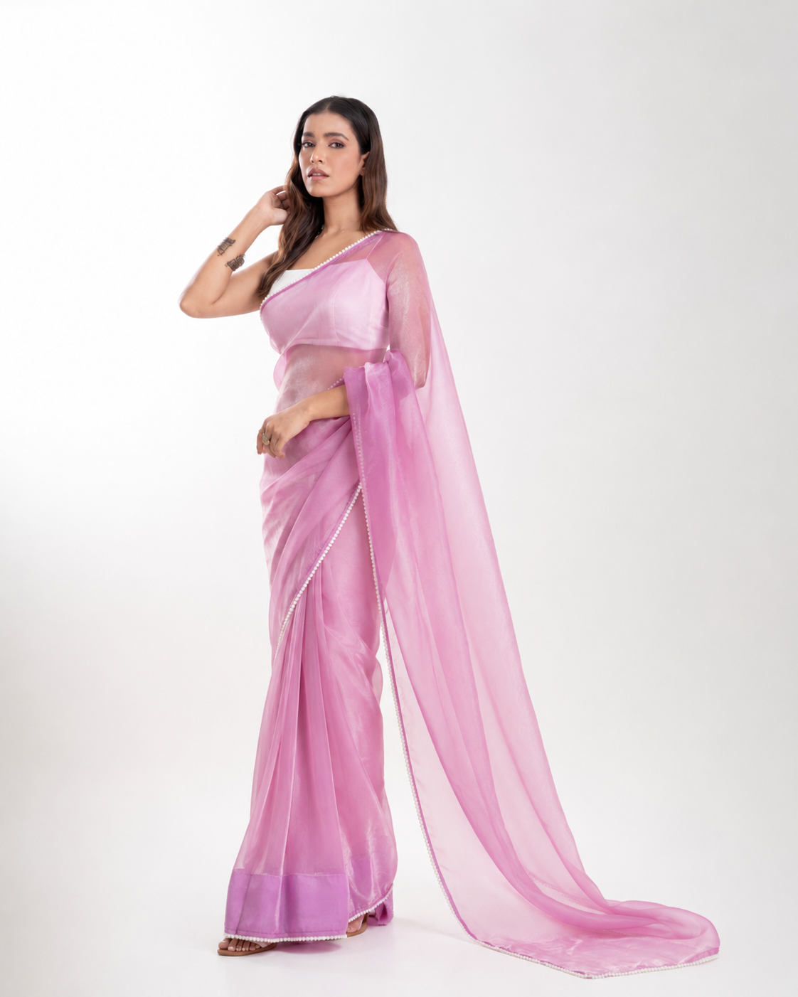Lilac Soft Metallic Organza Saree with Pearl Lace Border and Matching Blouse Piece