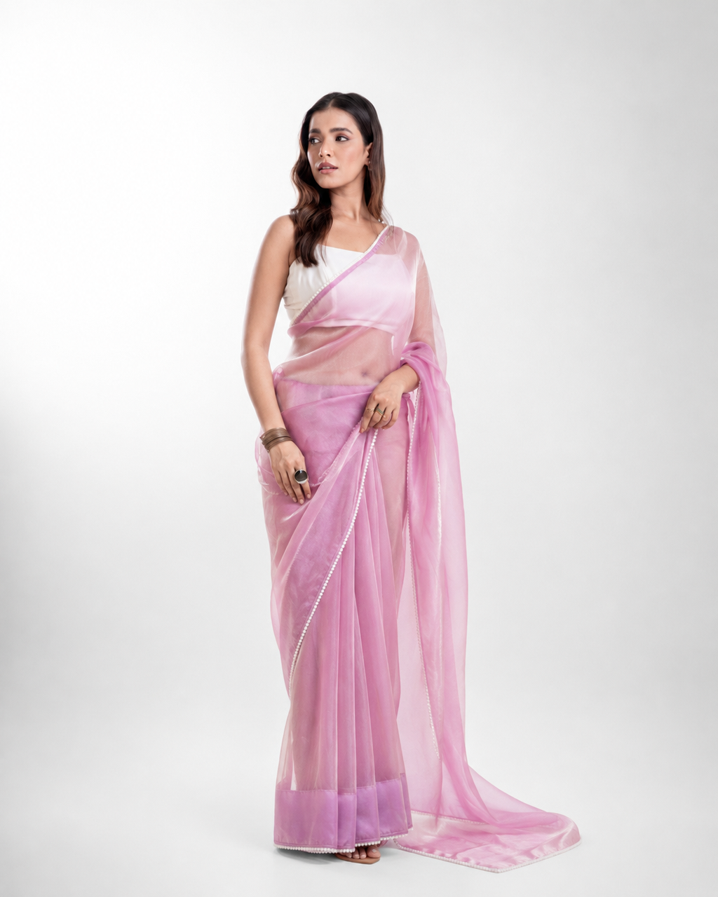 Lilac Soft Metallic Organza Saree with Pearl Lace Border and Matching Blouse Piece