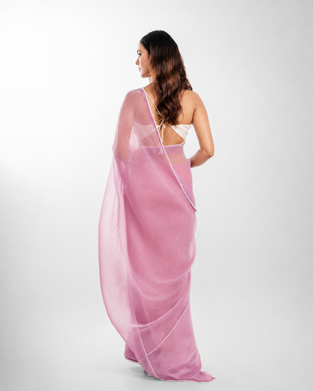 Lilac Soft Metallic Organza Saree with Pearl Lace Border and Matching Blouse Piece
