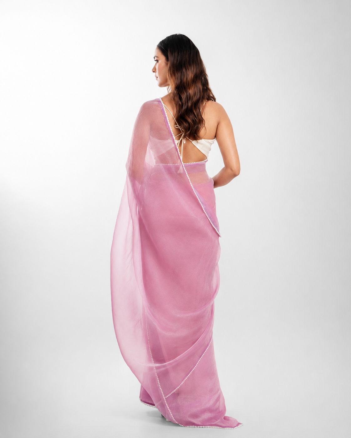 Lilac Soft Metallic Organza Saree with Pearl Lace Border and Matching Blouse Piece