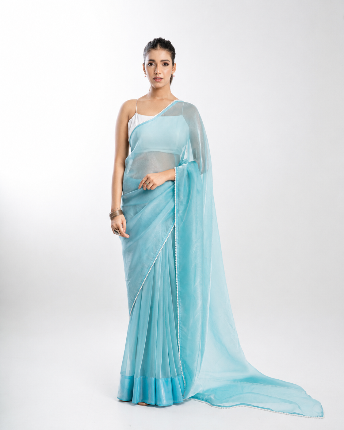 Powder Blue Soft Metallic Organza Saree with Pearl Lace Border and Matching Blouse Piece