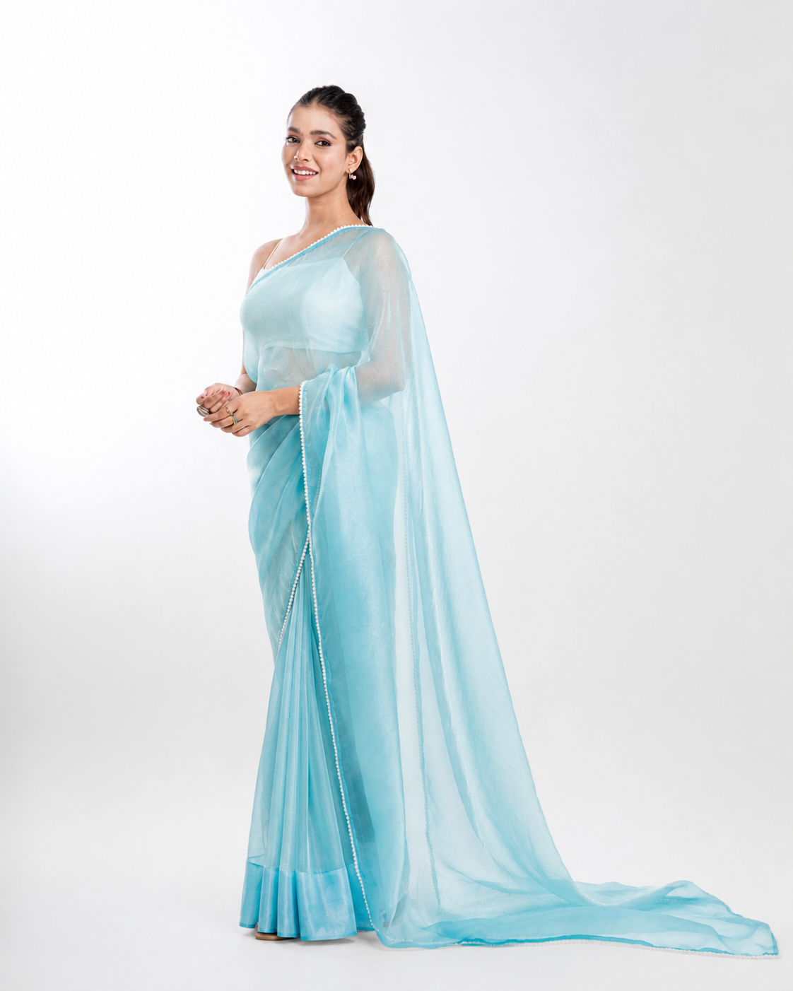 Powder Blue Soft Metallic Organza Saree with Pearl Lace Border and Matching Blouse Piece