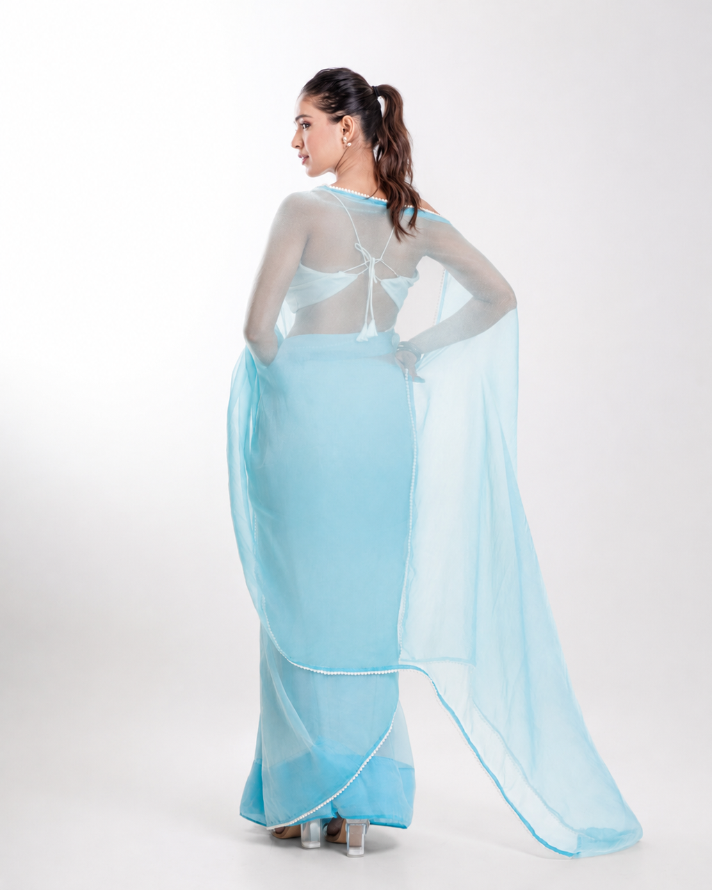 Powder Blue Soft Metallic Organza Saree with Pearl Lace Border and Matching Blouse Piece