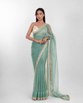 Sea Green Organza Saree with Floral Embroidered Lace Border and Matching Organza Blouse Piece