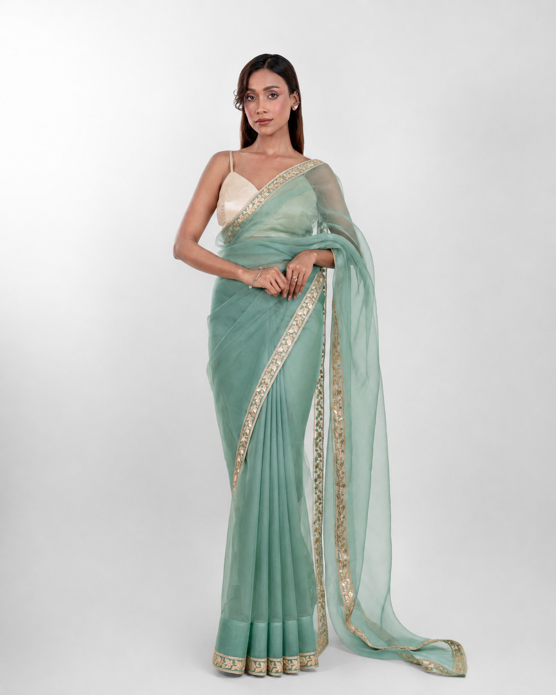 Sea Green Organza Saree with Floral Embroidered Lace Border and Matching Organza Blouse Piece