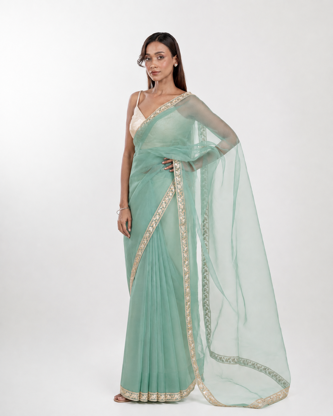 Sea Green Organza Saree with Floral Embroidered Lace Border and Matching Organza Blouse Piece