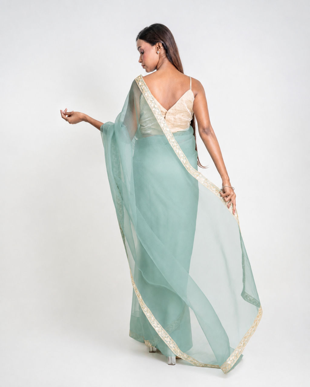Sea Green Organza Saree with Floral Embroidered Lace Border and Matching Organza Blouse Piece
