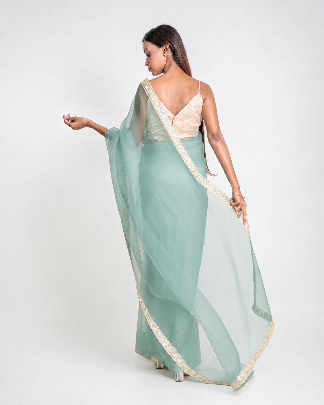 Sea Green Organza Saree with Floral Embroidered Lace Border and Matching Organza Blouse Piece