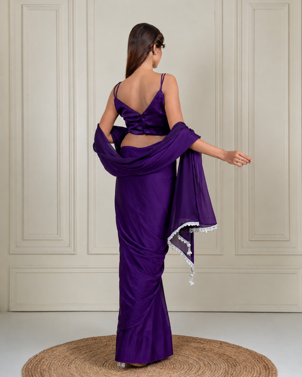 Royal Purple Natural Chiffon Saree with Embroidered Lace, Handcrafted Tassels and Matching Blouse Piece