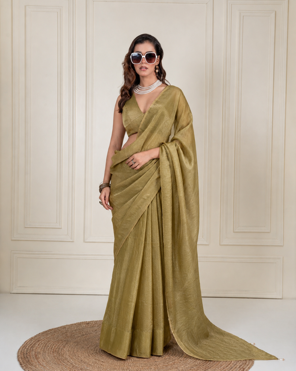 Olive Green Fendi Satin Woven Zari Saree with Pearl Tassel Pallu and Matching Blouse Piece